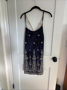 Lenni Embellished Navy Velvet Mini Dress with Gold Straps